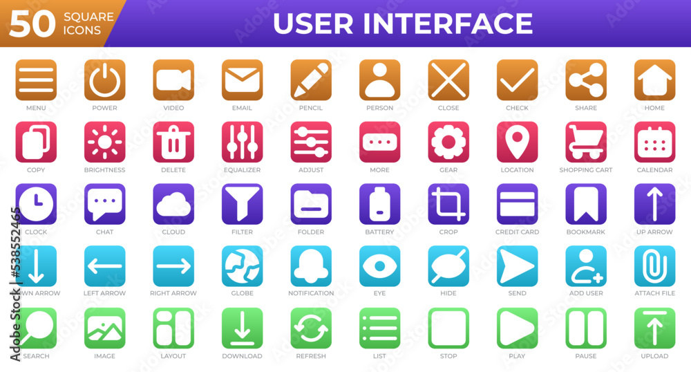 Set of 50 User Interface icons in square style. Menu, calendar, clock. Square icons collection. Vector illustration Set of 50 User Interface icons in square style. Menu, calendar, clock. Square icons collection. Vector illustration