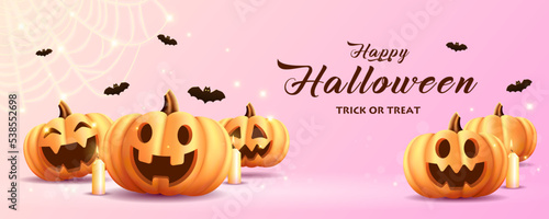 Banner for halloween holiday with a group of cheerful rejoicing pumpkin lanterns with bats and a glowing cobweb on a pink background