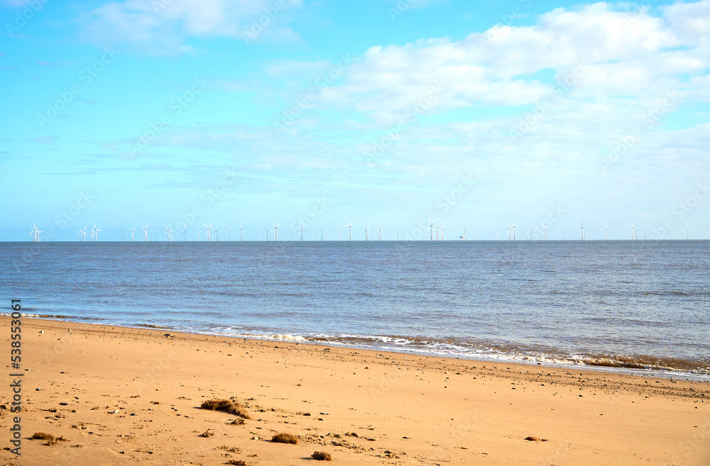 Distant coastal wind farm shoal