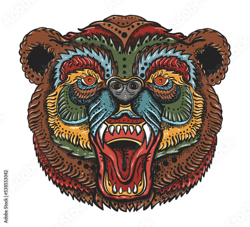 Angry bear head. Aggressive grizzly. Old school tattoo vector art. Hand drawn graphic. Isolated on white. Traditional flash tattooing style