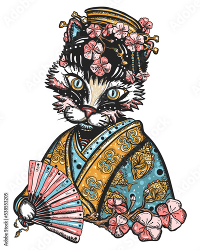 Asian kitty geisha princess. Funny oriental cat. Old school tattoo vector art. Hand drawn graphic. Isolated on white. Traditional flash tattooing style