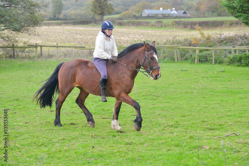 Pretty young woman riding her bay horse bare back in the English countryside, enjoying the freedom and fun of riding with minimum tack.