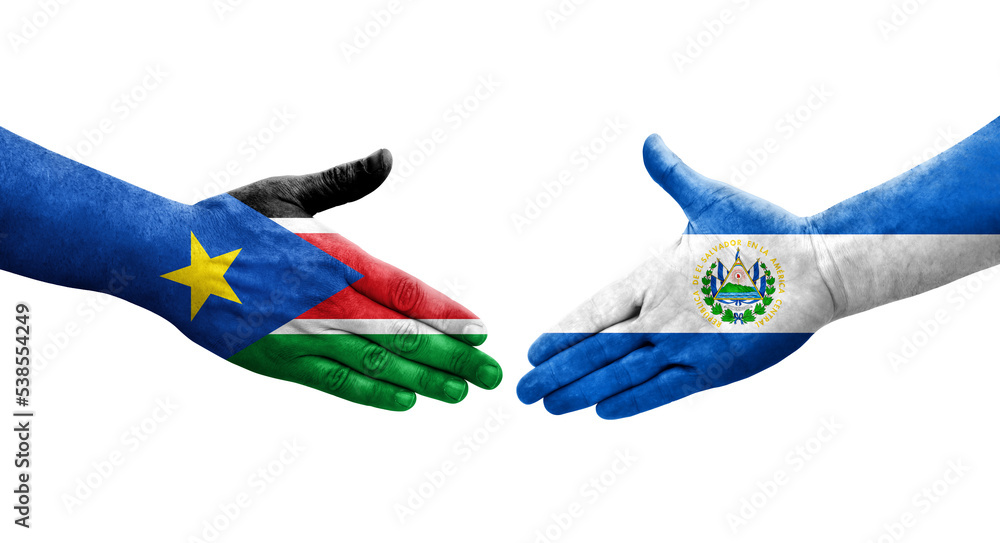 Handshake between El Salvador and South Sudan flags painted on hands, isolated transparent image. Handshake between El Salvador and South Sudan flags painted on hands, isolated transparent image.