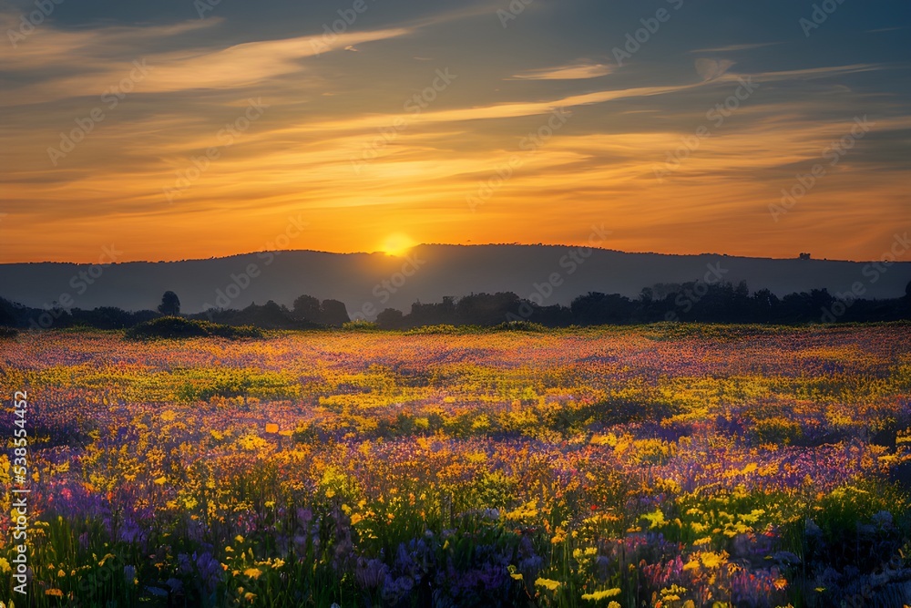 Tranquil sunset over a beautiful field of flowers. 