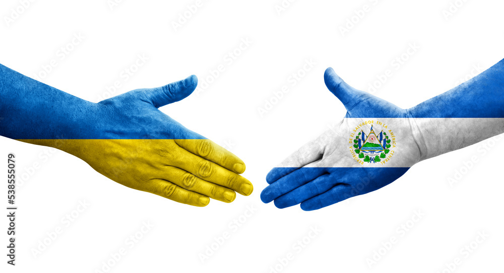 Handshake between El Salvador and Ukraine flags painted on hands, isolated transparent image. Handshake between El Salvador and Ukraine flags painted on hands, isolated transparent image.
