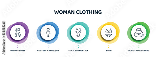 editable thin line icons with infographic template. infographic for woman clothing concept. included vintage dress, couture mannequin, female long black hair, bikini, hobo shoulder bag icons.