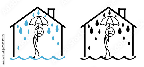 Cartoon Stickman, stick figures man in to the house. Home building building water, leakage. water damage symbol. Fireman's job, insurance event. safety first. Leak roof house