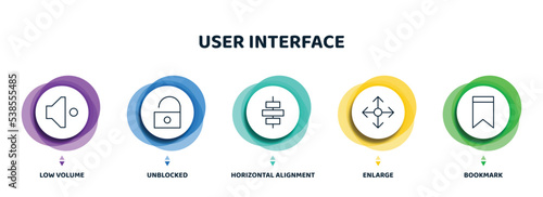 editable thin line icons with infographic template. infographic for user interface concept. included low volume, unblocked, horizontal alignment, enlarge, bookmark icons.