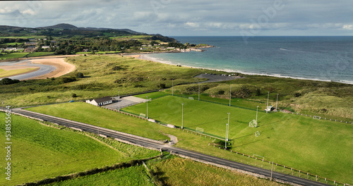 Aerial Photo of Culdaff Football Club at Culdaff Beach Strand on the Donegal Coast Ireland
