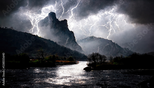 AI generated image of many lightning streaks over hills on a stormy night, with a rover flowing below 