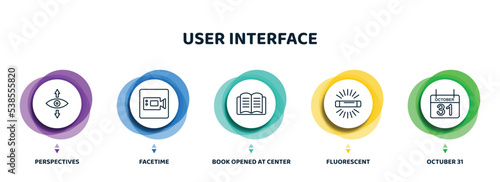 editable thin line icons with infographic template. infographic for user interface concept. included perspectives, facetime, book opened at center, fluorescent, octuber 31 icons.