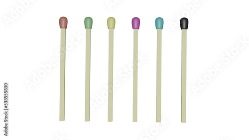 Set of colorful wooden matches isolated on transparent background. 3D render