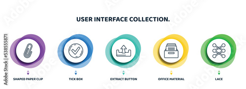 editable thin line icons with infographic template. infographic for user interface collection. concept. included shaped paper clip, tick box, extract button, office material, lace icons.