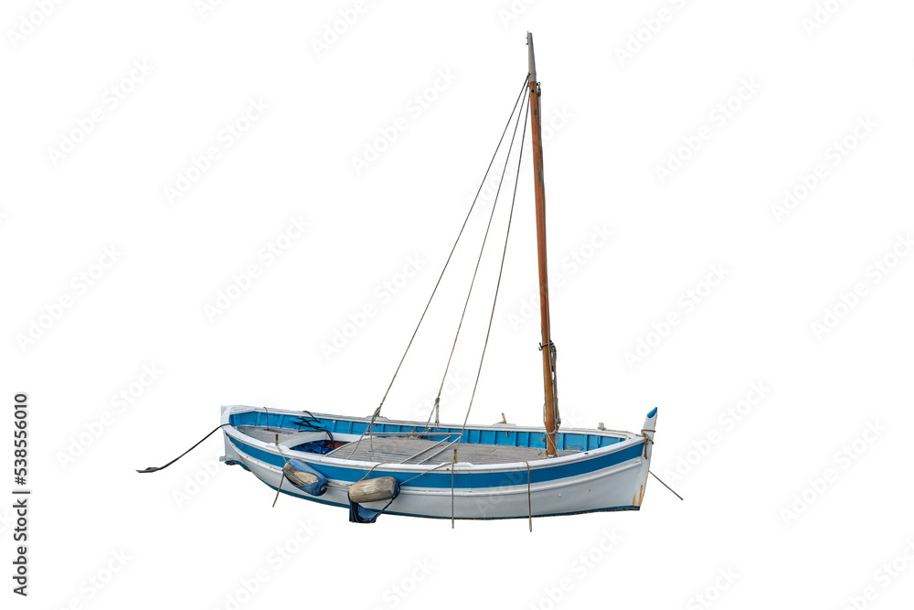 Small blue and white fishing boat with transparent background