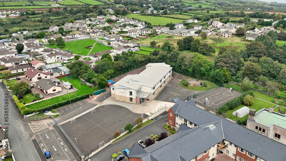 Aerial Photo of Scoil Eoghan School in Moville Town Playpark on the Wild Atlantic Way Donegal Coast Ireland