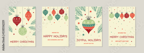 Hand drawn Christmas balls. Design of a greeting cards - set. Vector illustration