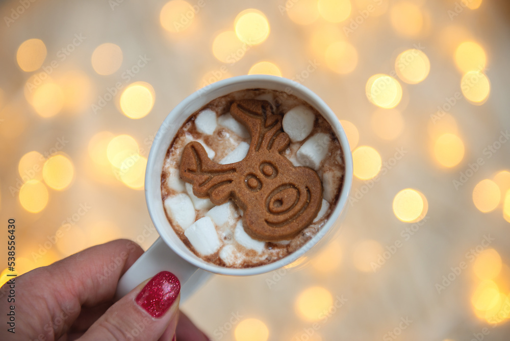 Fototapeta premium hand holding mug of hot drink with marshmallow and gingerbread on warm light bokeh background