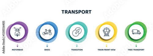 editable thin line icons with infographic template. infographic for transport concept. included motorbike, bikes, transition, train front view, free transport icons.