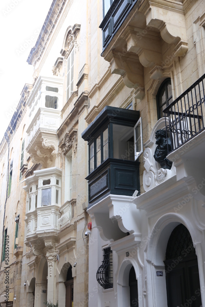 typical balconies on the streets of Valletta, Malta