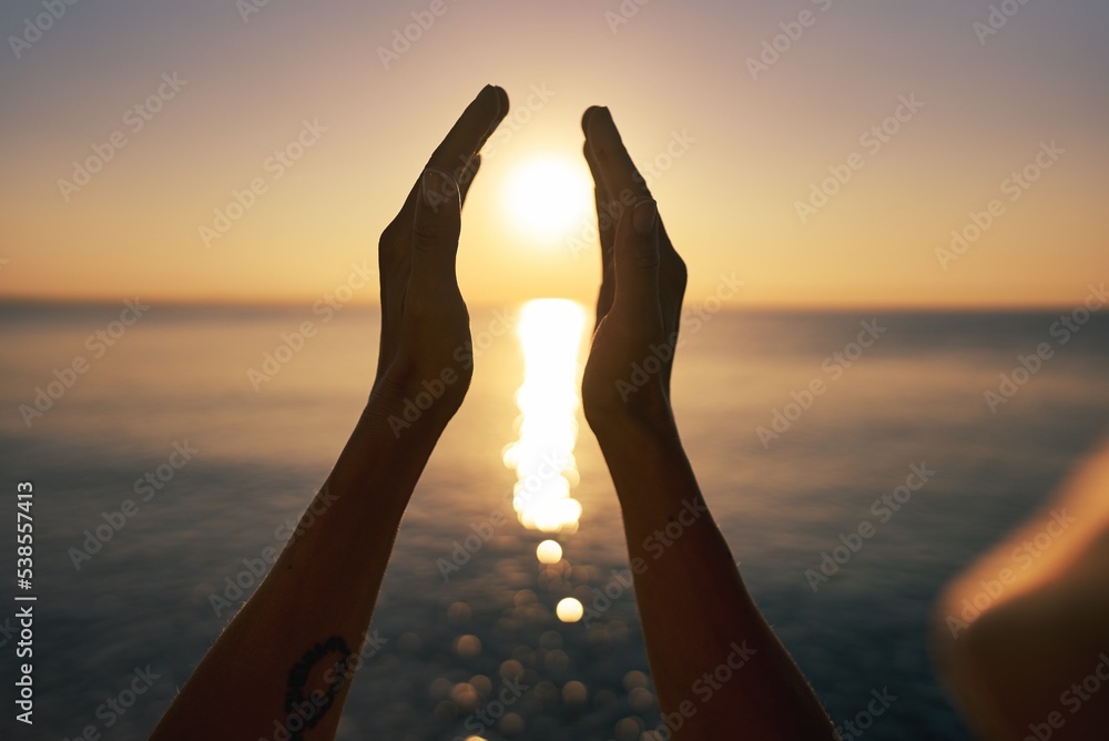 silhouette of female hands during sunset. Concept of life. High quality photo