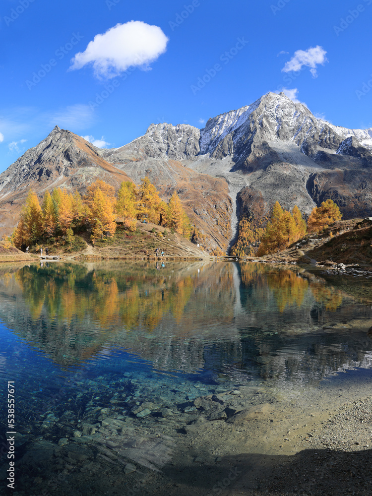 Lac Bleu of Arolla lake in Canton Valais in colorful autumn season with reflection of Dent de Veisivi and Dent di Perroc peaks.