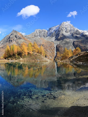 Lac Bleu of Arolla lake in Canton Valais in colorful autumn season with reflection of Dent de Veisivi and Dent di Perroc peaks. © Yü Lan