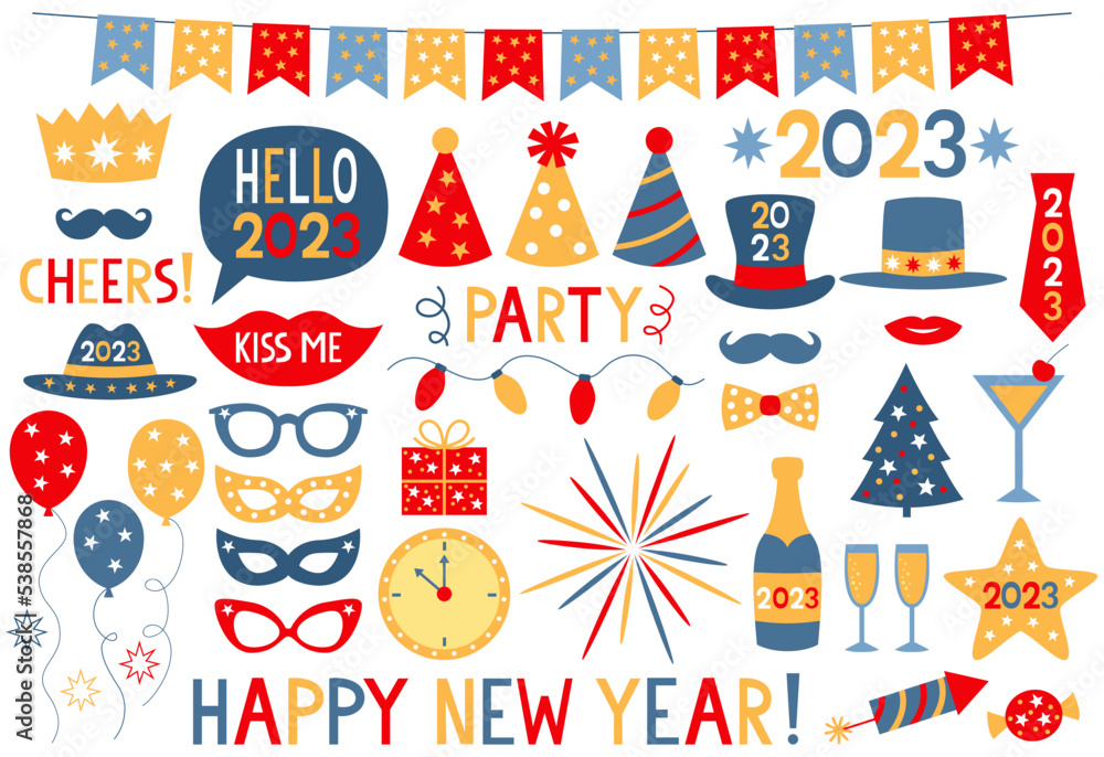 Happy New Year 2023 vector photo booth props and party collection Happy New Year 2023 vector photo booth props and party collection