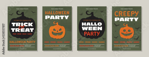 Concept of Halloween Party card with creepy pumpkin. Collection of posters. Vector illustration
