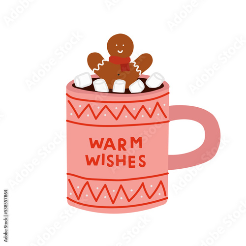 Christmas hot drink vector illustration. Funny winter pink mug isolated on white. Cute xmas beverage in flat cartoon style.