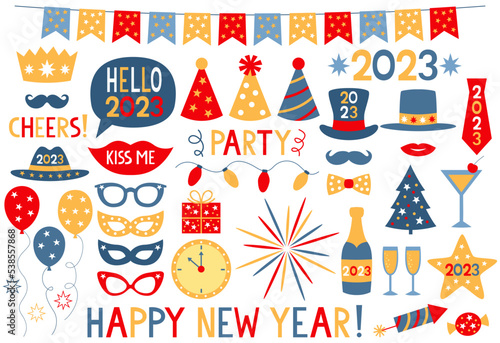 Happy New Year 2023 vector photo booth props and party collection