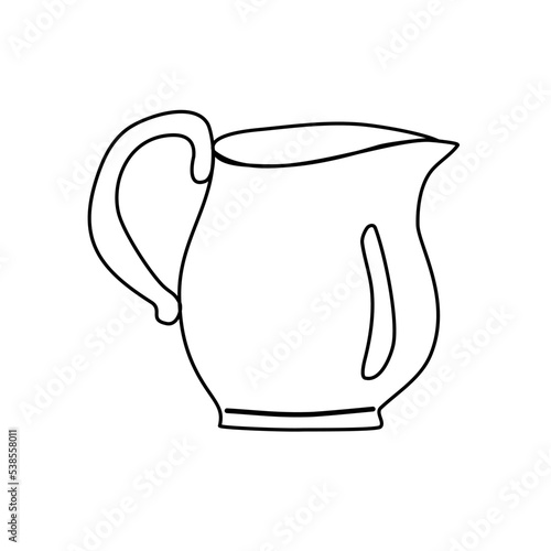 Porcelain jug, pitcher, coffee or tea creamer or milk pot, doodle style vector for coloring book