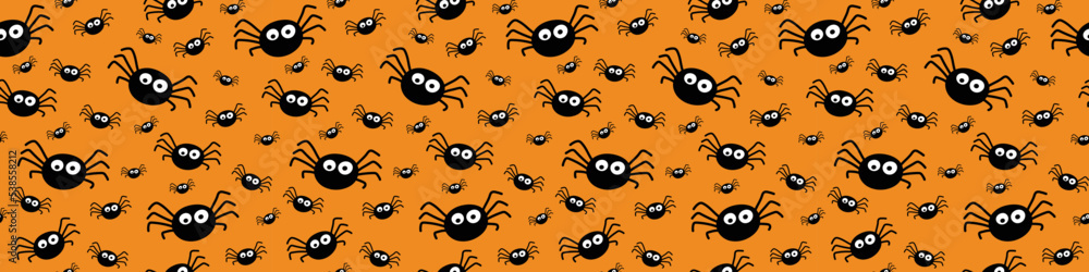Funny Halloween banner with spiders. Seamless pattern. Vector