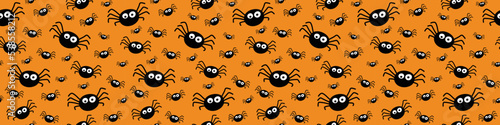 Funny Halloween banner with spiders. Seamless pattern. Vector