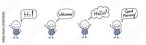 Happy stickman with greeting - welcome, hello, hi, good morning. Vector