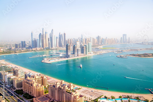 Photography Dubai Marina skyscrapers complex of residential and office buildings at sunset
