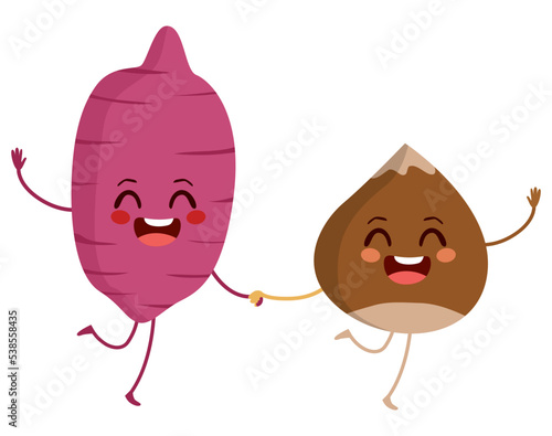 Cute happy sweet potato and chestnut friends running together. Concept illustration of typical food for Castanyada All Saint's Day holiday celebration of Catalonia culture photo