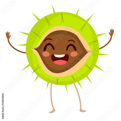 Cute raw chestnut character with happy face expression jumping. Flat icon symbol illustration of kawaii castanea sativa isolated on white background