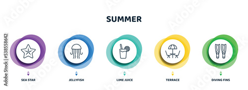 editable thin line icons with infographic template. infographic for summer concept. included sea star, jellyfish, lime juice, terrace, diving fins icons.