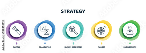 editable thin line icons with infographic template. infographic for strategy concept. included sample, translator, human resources, target, businessman icons.