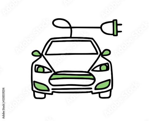 Electric car. Electric refueling. Co2 climate change concept green energy.  Vector isolated doodle