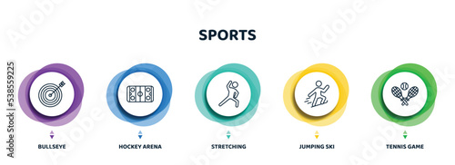 editable thin line icons with infographic template. infographic for sports concept. included bullseye, hockey arena, stretching, jumping ski, tennis game icons.