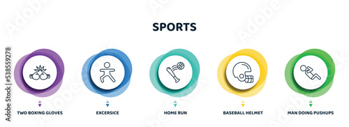 editable thin line icons with infographic template. infographic for sports concept. included two boxing gloves, excersice, home run, baseball helmet, man doing pushups icons.