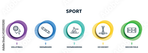 editable thin line icons with infographic template. infographic for sport concept. included volleyball, snowboard, snowboarding, ice hockey, soccer field icons.