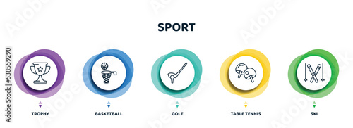editable thin line icons with infographic template. infographic for sport concept. included trophy, basketball, golf, table tennis, ski icons.