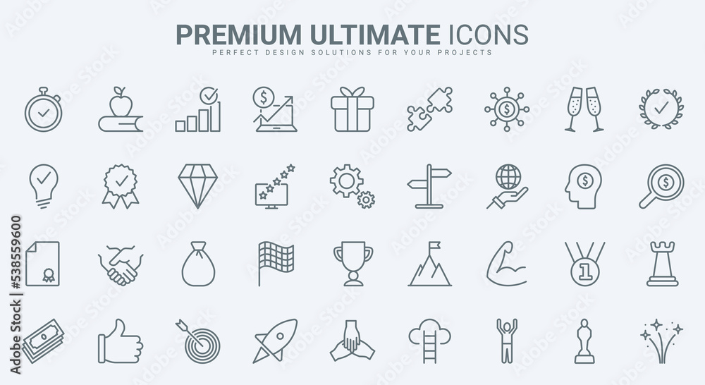 Success thin line icons set vector illustration. Outline symbols of top projects, objective target and opportunity to win and achieve award prize, efficient choice, solution and business development
