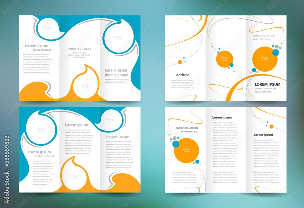 Tri-fold set brochure design template curves lines theme