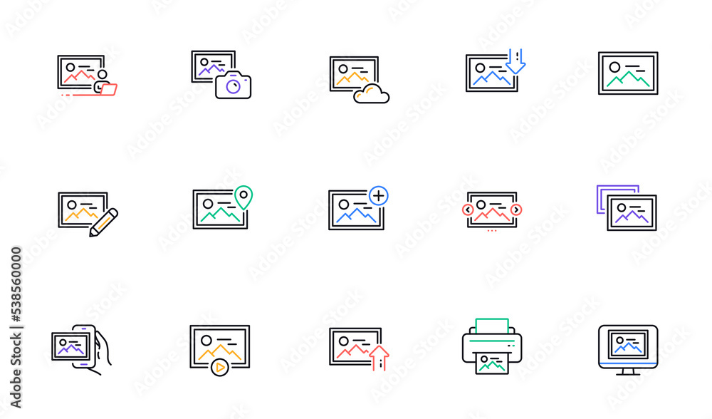 Photo line icons. Print image, Photo camera, Upload picture icons. Edit image, Play presentation and photo printer. Download picture, Gallery carousel, placeholder pic. View portfolio. Vector Photo line icons. Print image, Photo camera, Upload picture icons. Edit image, Play presentation and photo printer. Download picture, Gallery carousel, placeholder pic. View portfolio. Vector