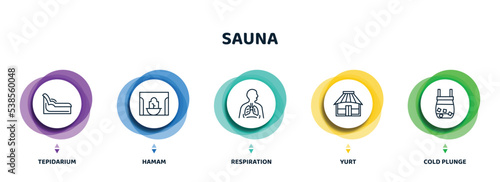 editable thin line icons with infographic template. infographic for sauna concept. included tepidarium, hamam, respiration, yurt, cold plunge icons.