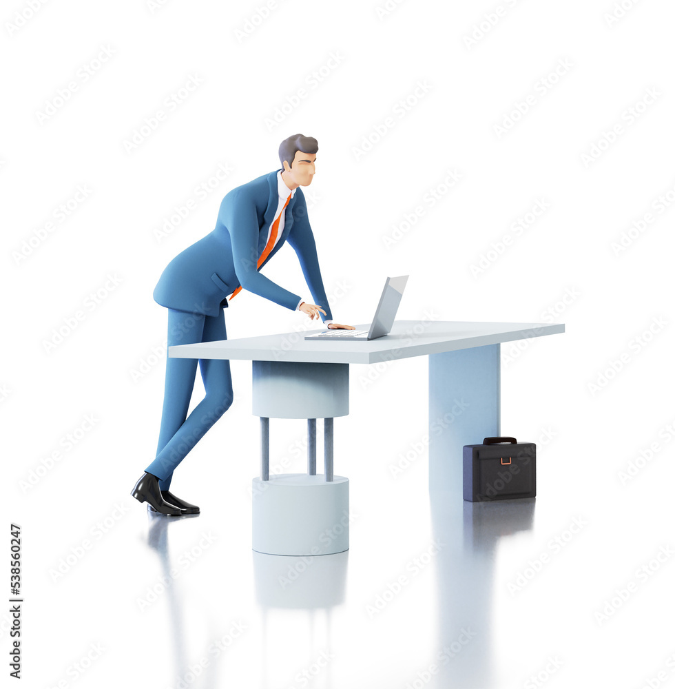 Successful businessman works  in office by his desk. Businessman works with computer. 3D rendering illustration