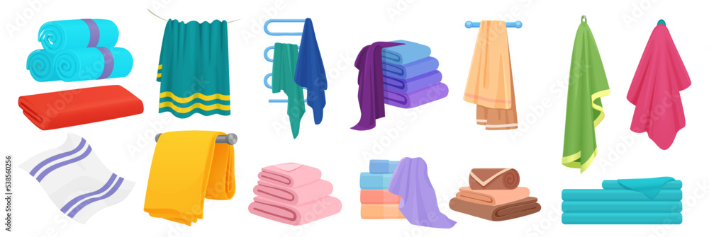 Cute cartoon folded vector towels for bath wide panorama set vector illustration